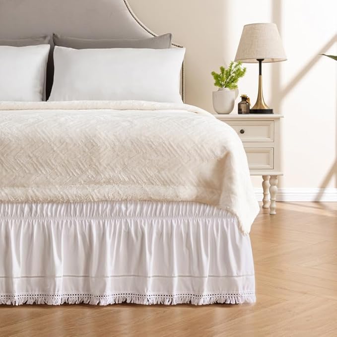 MIYE Wrap Around Ruffled Lace Bed Skirt, Elastic Dust Ruffle with Adjustable Belts, Easy to Put On, Bed Frame Cover, Machine Washable (Tassel Ruffle/White, King/Queen-18 Drop)