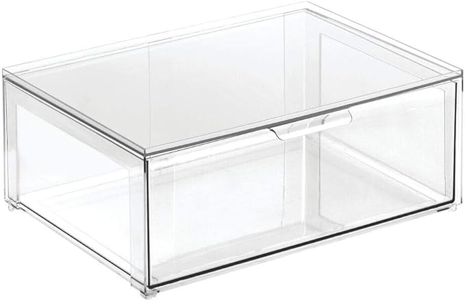 mDesign Plastic Stackable Closet Storage Organizer Bin Containers with Front Pull Drawer for Cabinet, Desk, Shelf, Cupboard, or Dresser Organization - Lumiere Collection - Clear
