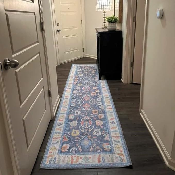 Fame Rugs Blue Modern Oushak Rug 2'6"x10, Vintage Turkish Colorful Oriental Antique Inspired Foldable Long Washable Runner Rugs, Luxury Living Room Bedroom (387BNB, 2'6" x 10')