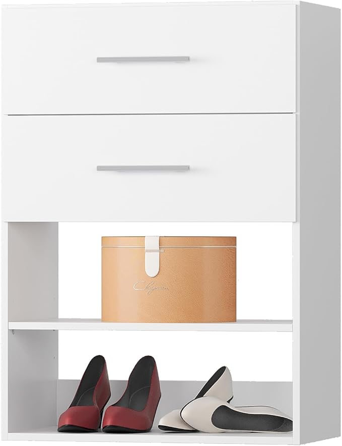 2 Drawer Short Tower Closet Unit, Modular Closet System, Wood Closet System Organizer with Storage for Walk In Closets, Clothing Rack Closet for Hanging Clothes, Bedroom, White, 31.5"W