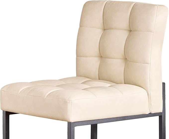 Beige Faux Leather Dining Chairs Set of 4, Mid-Century Modern Dining Room Chairs with Armless, Checkered Kitchen Chair with Metal Legs