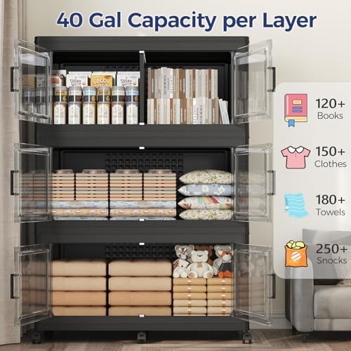 640 QT Extra Large Stackable Storage Bins with Lid, 160 Gal Collapsible Storage Box with Wheels, Folding Closet Organizers and Storage Cabinet with Doors for Home, Kitchen, Office, 4Pack Black
