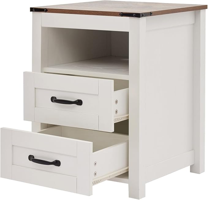 White Rustic Night Stand, Farmhouse End Table, Modern Bedside Table with 2 Storage Drawers and Open Shelf, Tall Nightstand for Bedroom