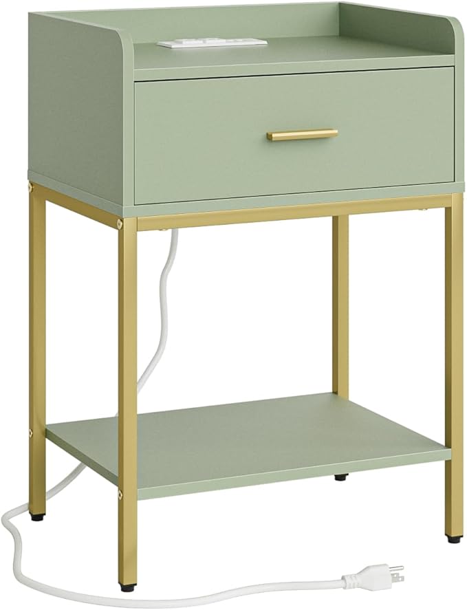 Masupu Nightstand with Charging Station,3-Tier Modern Bedside Night Stand with Storage Drawer and Shelf,Small End Side Table for Bedroom,Living Room,Gold and Green