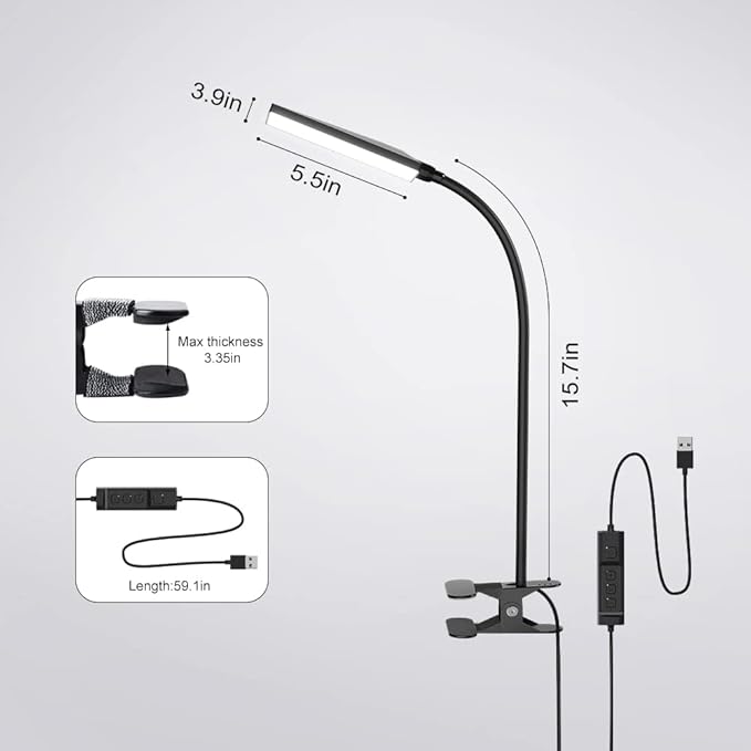 LED Desk Lamp with Clamp for Home Office, Dimmable Clip on Desk Light with USB Port, 3 Color Modes 11 Brightness Flexible Reading Lamp for Studying Working, Black