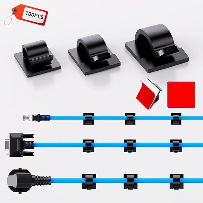 ITUGOU 100 PCS Adhesive Cable Clips Cord Organizer (Small, Medium,Large),Wire Holder for Cable Management, Outdoor Light Clips Light Hooks for LED String,Car Dash Cam, Extension Cord (Black)