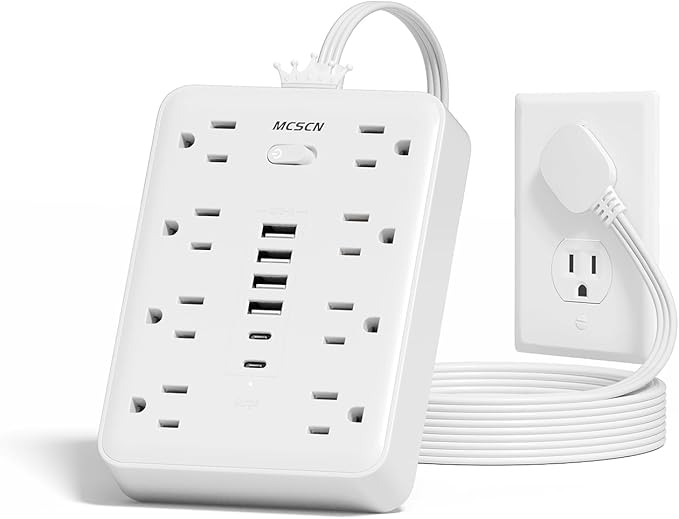 Ultra Thin Flat Plug Surge Overload Protector Power Strip Wall Outlet with 8 AC Power Outlets 6 USB (2 USB C) for Home Office Dorm Travel Essentials 15A 1875W UL Released (5FT)