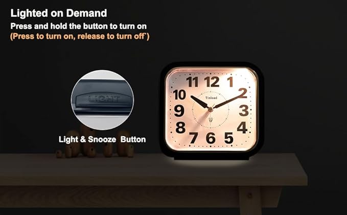 5.5" Large No Ticking Analog Alarm Clock,Silent Readable for Seniors,Easy to Set,Gradual Rise Alarm,Big Numbers,Gentle Wake,Snooze, Lighted on Demand,Battery Operated,Black