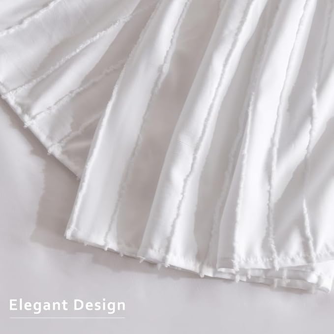 MIYE Striped Tufted Bed Skirt - Wrap Around Dust Ruffle with Elastic Belts - 18 Inch Drop Easy to Put On - Bedskirt Machine Washable ＆ Wrinkle Resistant(Striped/White, King/Queen-18 Drop)