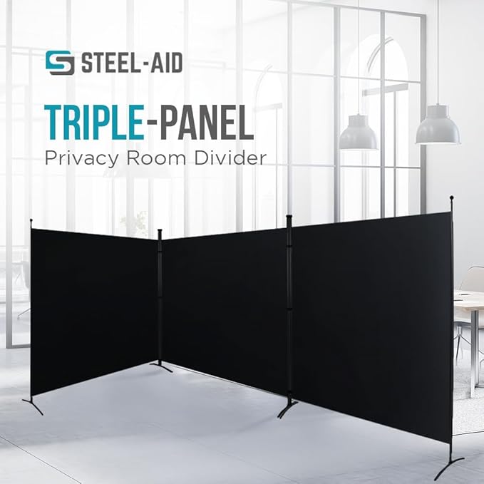 Steel-AID Triple-Panel Privacy Room Divider – Folding Partition Privacy Screen for Office, Classroom, Dorm Room, Kids Room, Studio, Conference - 216" x 72" - Easy to Assemble, Freestanding & Foldable