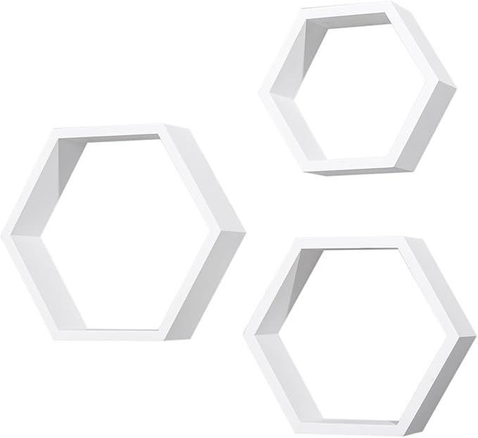 AHDECOR Hexagon Floating Shelves, Set of 3 White Hexagon Wall Shelves | Modern Honeycomb Floating Shelves for Living Room, Bedroom, Office | Hexagonal Wall Organizer Hanging Shelf