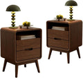 Walnut Nightstand Set of 2, Solid Wood Nightstand with Drawers & Open Storage Shelf, Mid Century Modern Nightstands, Wood End Table for Bedroom, (Dark Black Walnut, 23.23" H)