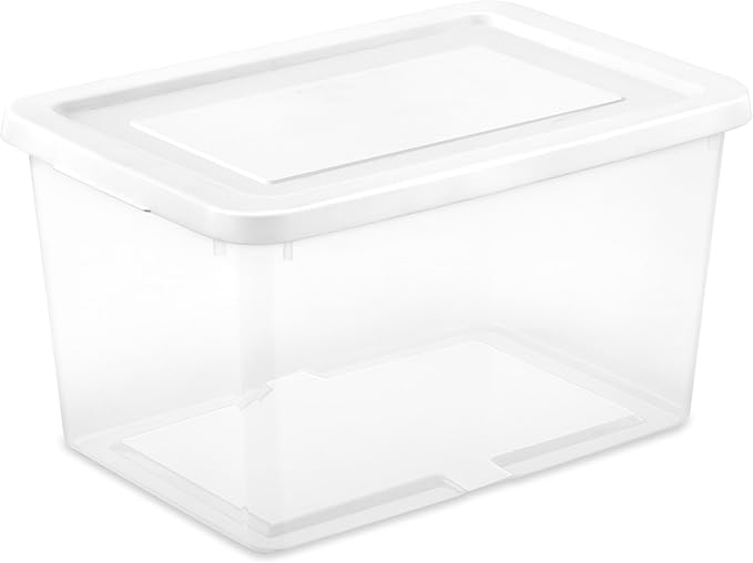 Sterilite 16 Pack Storage Box, 20 Quart Stackable Tote, Clear Plastic Container with Secure Snapping Lids for Home and Office Organization, White