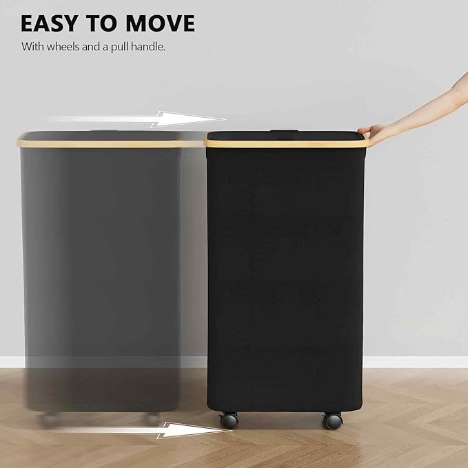 SpaceAid Slim Laundry Hamper with Wheels and Lid,62L Rolling Narrow Clothes Basket with Bamboo Handle, Large Laundry Hamper for Bedroom, Bathroom, Dorm, Laundry Room - Black