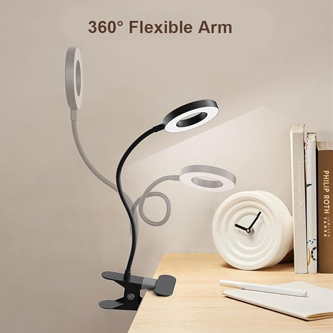 GARMESE LED Desk Lamp Clip on Light with 3 Color Modes 10 Brightness Ring/Clamp Light 360° Adjustable Neck Dimmable Eye Protection Desk Lamps for Home Office