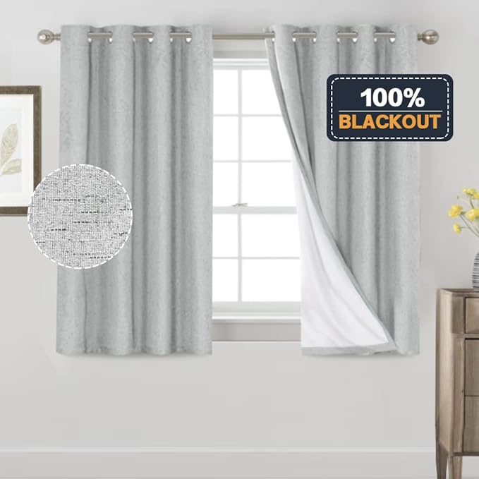 PrinceDeco 100% Blackout Curtains 54 Inch Length for Bedroom Faux Textured Linen Look Window Curtains Sun Heat Blocking Linen Curtains Thermal Insulated Burlap Curtain & Drapes, Set of 2, Glacier Grey