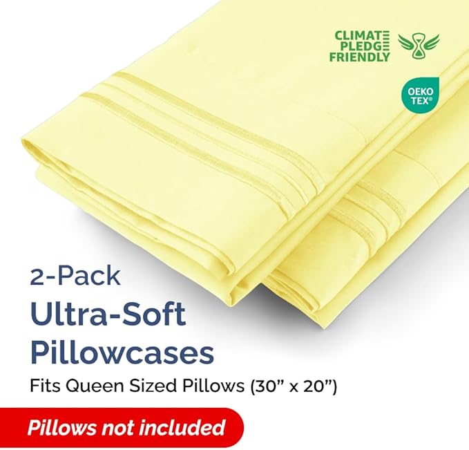Queen Pillow Cases Set of 2 - Ultra Soft Hotel Quality Pillowcase Covers - Comfy, Cozy & Wrinkle Free - Shrinkage, Stain and Fade Resistant - Machine Washable Pillow Protectors - 2 Piece Set - Yellow