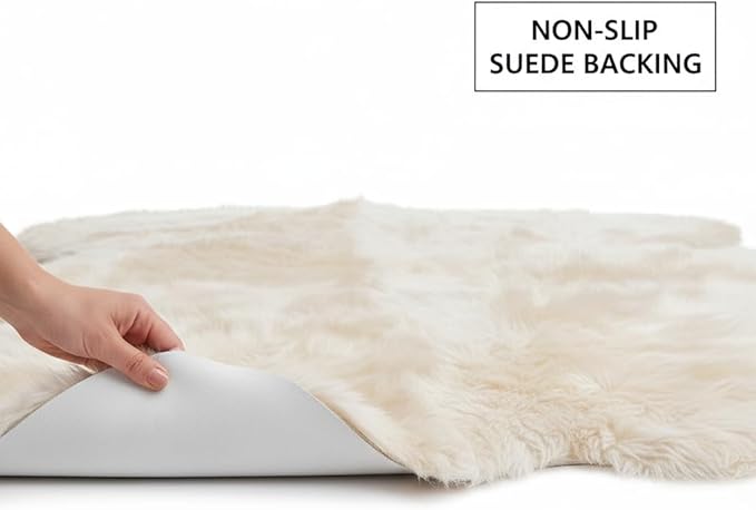 Super Area Rugs Premium Genuine Sheepskin Rug 5' x 6' Long Fur Soft & Natural Shaggy Living Room Rug, Champagne Cream, Six Pelt