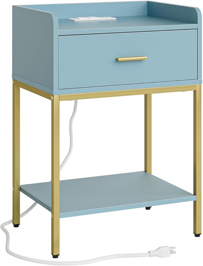 Masupu Nightstand with Charging Station,3-Tier Modern Bedside Night Stand with Storage Drawer and Shelf,Small End Side Table for Bedroom,Living Room,Gold and Blue