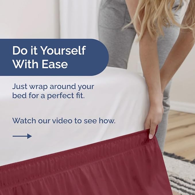 Wrap Around Dust Ruffle Bed Skirt - Burgundy - for Queen Size Beds with 18 Inch Drop - Elastic Strap - Adjustable Pleated Bedskirt with Brushed Fabric and Wrinkle Free - for Women, Men, Kids & Teens