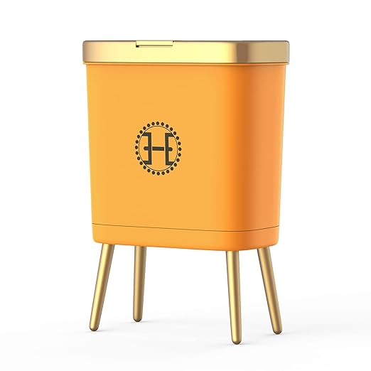 Procade Bedroom Trash Can with Lid,Slim Bathroom Trash Cans with Lids, Dog Proof Trash Bin with Press Top Lid,Modern Gold Trash Can Plastic Waste Basket for Living Room, Office,Kitchen, 4 Gal-Orange
