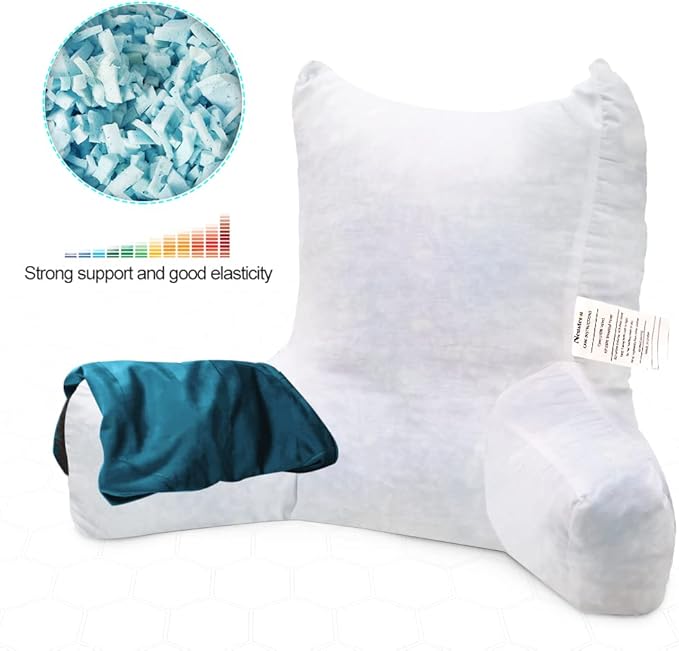 Neustern Reading Pillow for Sitting in Bed Adult, Back Pillow for Bed Shredded Memory Foam Chair Pillow with Arms and Pockets, Backrest and Support with Washable Cover for Watching TV/Gaming/Relaxing