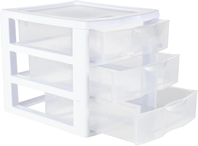 Small 3-Drawer Organizer Unit, Clear Plastic Stackable Drawers for Countertop or Desktop, White