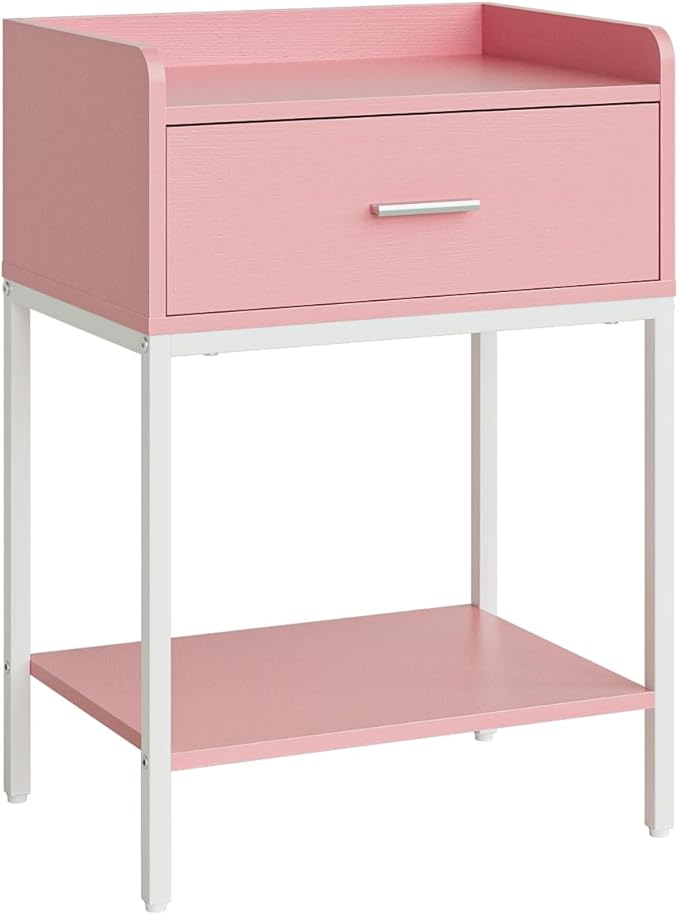 Masupu Nightstand,Bedside Table 3-Tier Modern Night Stand with Storage Drawer and Shelf,Small End Side Table for Bedroom,Living Room,Black (Without Outlet, Pink)