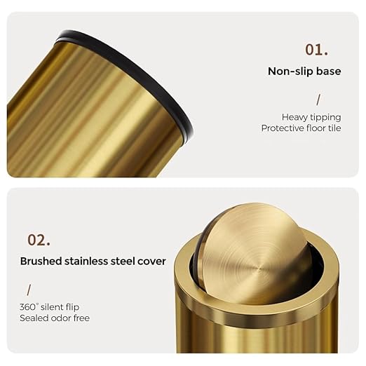 2.4 Gallon Brass Gold Bathroom Trash Can, Fancy Waste Basket Powder Room Bedroom, Elegant Modern Decorative Garbage Can for Restroom Office Hotel Kitchen (Gold Single Layer)