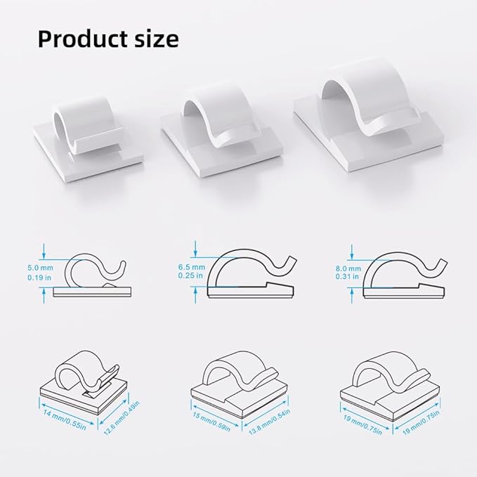 ITUGOU 100 PCS White Adhesive Cable Clips Cord Organizer (Small, Medium,Large),Wire Holder for Cable Management, Outdoor Light Clips Light Hooks for LED String,Car Dash Cam, Extension Cord (White)