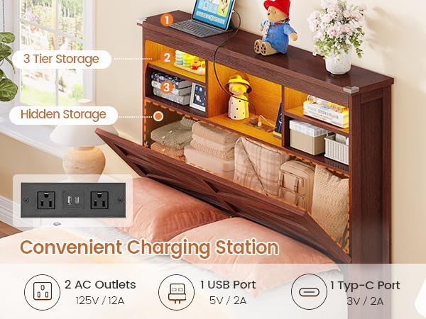 AOGLLATI Farmhouse Twin Bed Frame with Lift Up Storage & Hidden Bookcase Storage Headbord, Wood Bed Frame Twin with Charging Station, Led Lights, No Box Spring Needed, Brown