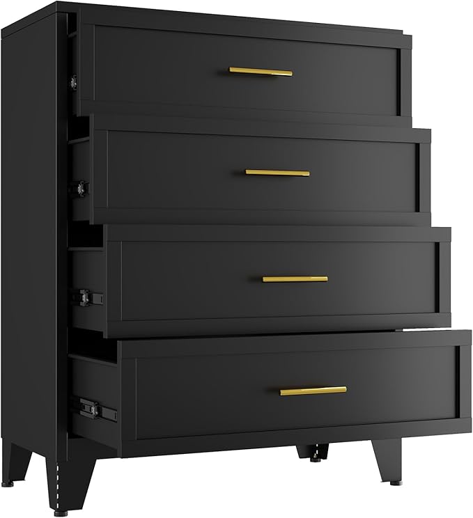 Black Dresser, Metal Tall Dresser for Bedroom, 43.11" H Dressers & Chests of Drawers, 4 Drawer Dressers for Living Room, Entryway, Hallyway (Black, 4 Drawers)