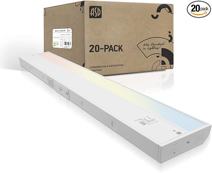 ASD 20 Pack 18 Inch LED Under Cabinet Lighting Plug in or Hardwired, High/Low/Off Switch, 8W 120V 3 CCT 2700K/3000K/4000K CRI90+, Triac Dimmable Linkable Under Counter Lights for Kitchen, ETL, White