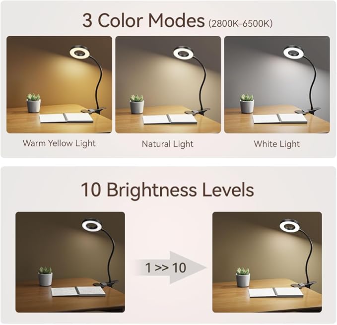 GARMESE LED Desk Lamp Clip on Light with 3 Color Modes 10 Brightness Ring/Clamp Light 360° Adjustable Neck Dimmable Eye Protection Desk Lamps for Home Office