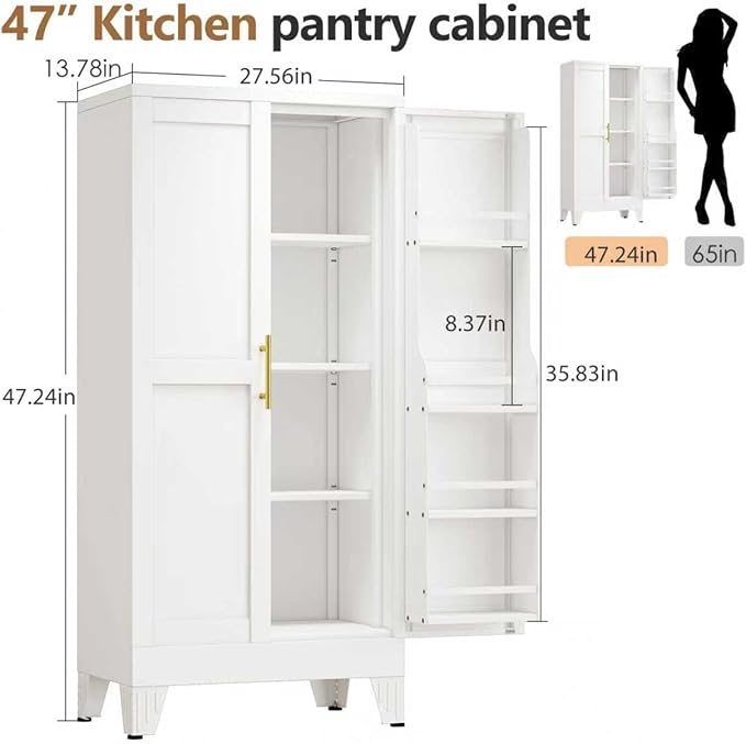 47" Kitchen Pantry Cabinet, Metal Storage Cabinet with 3 Adjustable Layer Shelves, 8 Door Shelves, Buffet Sideboard for Living Room, Kitchen, White