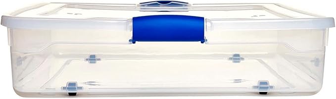 HOMZ 2-Pack Under Bed Storage, Clear Plastic Containers with Lids, 56 Quart, Blue Latch - Stackable Underbed Organizer Bins for Shoes, Bags, Clothes, and Towels