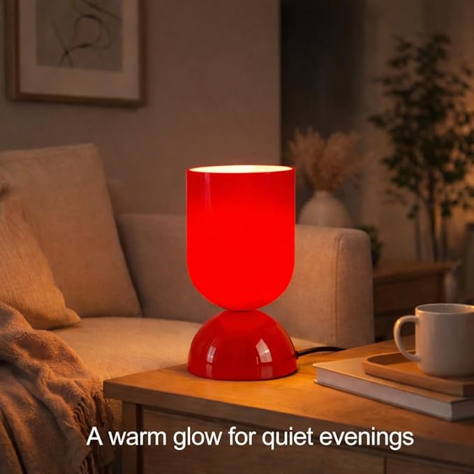 8.9'' Modern Glass Table Lamp, Dimmable Bedside & Desk Lamp for Living Room and Bedroom, UL Listed Nightstand Lamp with Dome Base, Home Decor for Office, Dorm, Side Table, Glossy Red