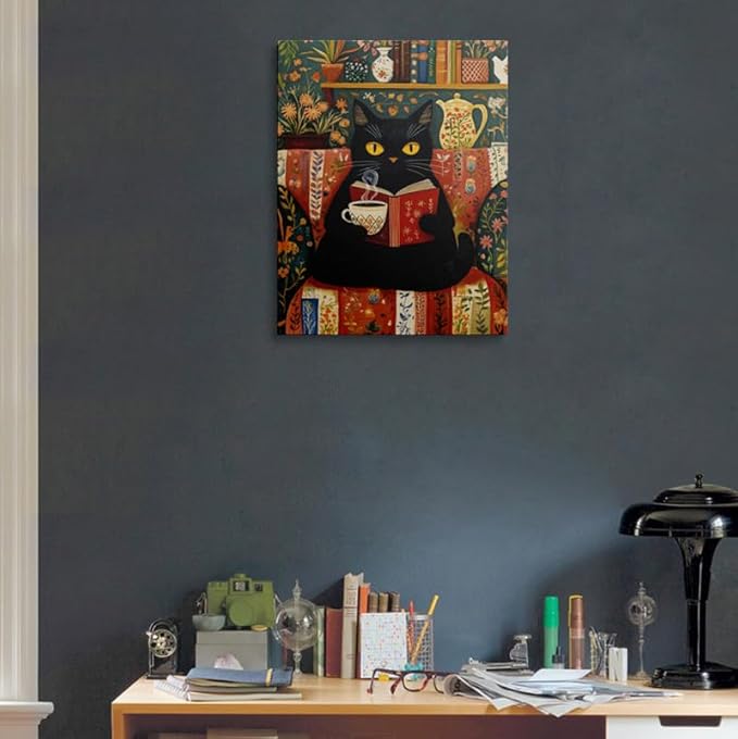 Black Cat Wall Art Canvas Reading Cat Artwork Cozy Library Illustration Vintage Folk Style Animal Painting Cottagecore Home Decor For Living Room Bedroom Study Office Book Lover Gift 12x16 Inches
