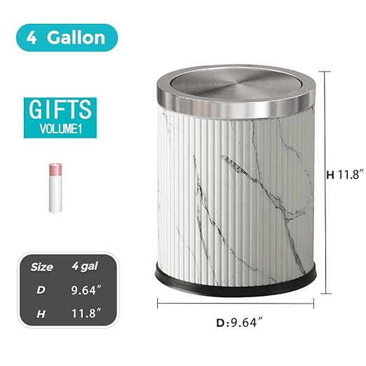 4 Gallon / 15L Trash Can Bathroom with Swing Lid, White Gold Garbage Can, Leather, Modern, Large Office Waste Basket, for Bedroom, Kitchen, Powder Room, Hotel, Business(15L Ink Marble)