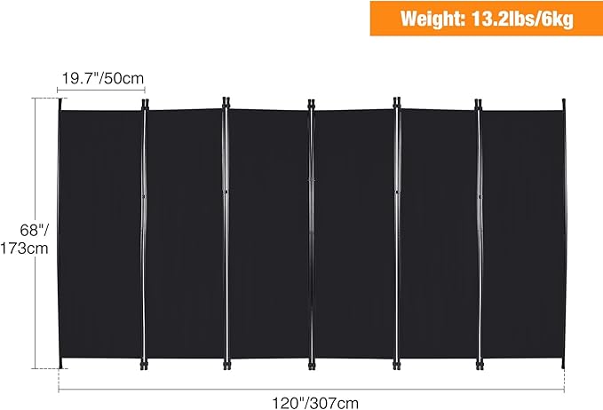 6 Panel Large Folding Room Divider, 10FT Wide Portable Privacy Screen Room, Partition Room Dividers for Bedroom Dining Room Office Restaurant Hospital, 120"x68", Black