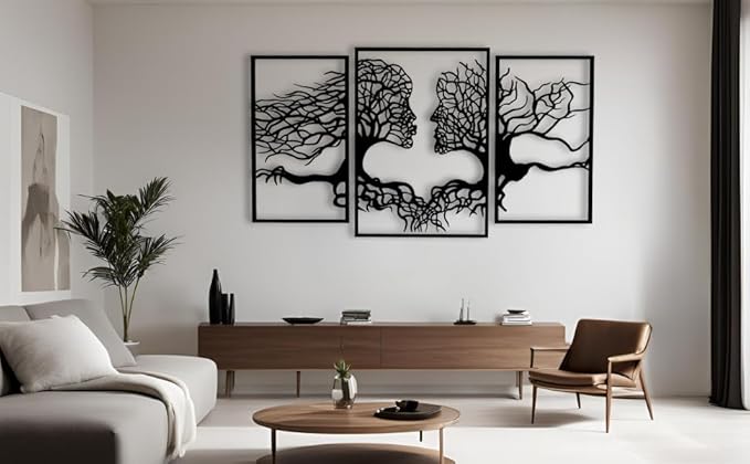 VAILLA Tree of Life Wall Wooden Art Abstract Tree Man Woman Face Large 3D Wooden Wall Decor Set of 3 Hanging Sculpture Modern Home Decoration 3D Textured Sculptures for Living Room Bedroom Office Dinnig Room