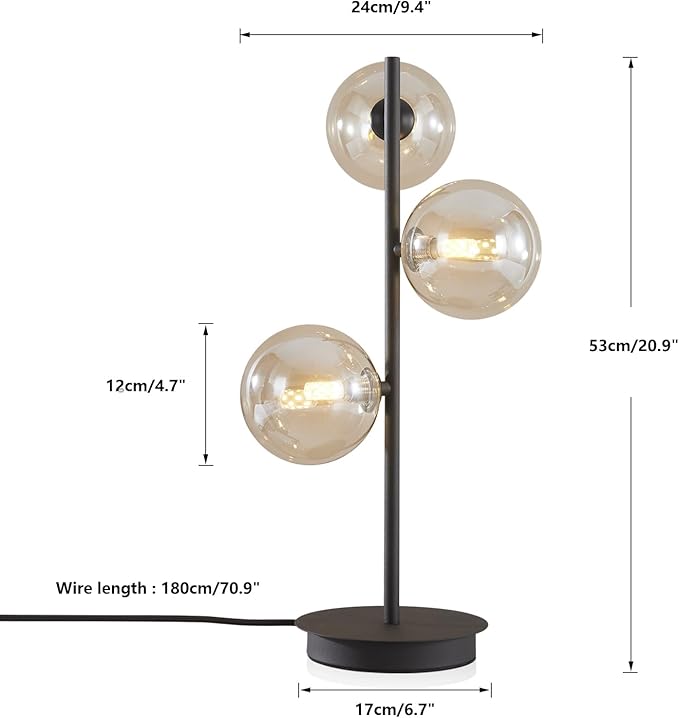 Modern Globe Table Lamp, Mid Century 3 Lights Black Bedside Lamp, Brown Glass Globe Reading Lamp for Bedroom Living Room Study Room
