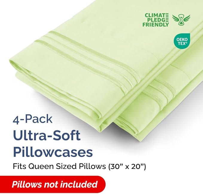 Queen Pillow Cases Set of 4 - Ultra Soft Hotel Quality Pillowcase Covers - Comfy, Cozy & Wrinkle Free - Shrinkage & Fade Resistant - Machine Washable Pillow Protectors - 4 Piece Set - Light Sage Green