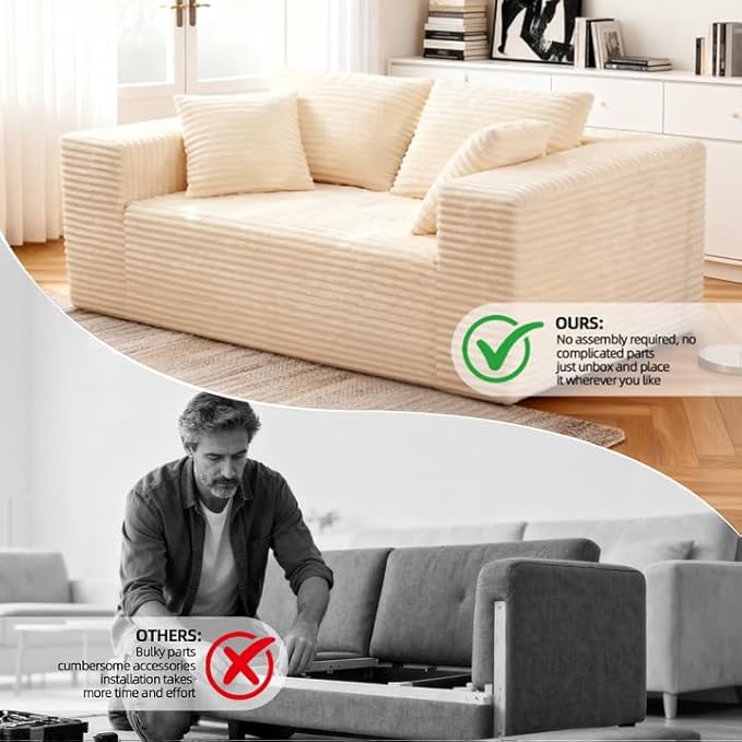 Boneless Cloud Couch Sofa, 2 Seater Deep Seat Modern Lounge Sleeper Couch, No Assemble, Corduroy Compression Upholstered Couches for Living Room, Bedroom, Apartment, Dorm, Office