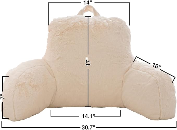Holawakaka Standard Faux Fur Bed Rest Pillow with Arms, Rabbit Fur Reading Pillows Perfect for Adults, Teens, Kids, Arm, Back, Pregnancy Lumbar & Head Neck Coccyx Lower Back Support Cushion (Ivory)