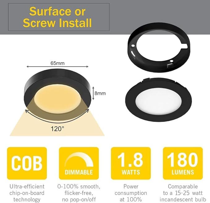 VST Under Cabinet Lighting Plug in with Wired Touch Dimmer Switch,Recessed or Surface Mount Design,Warm White 3000K 12V 2W(12W Total, 60W Equivalent),6 Pack Black Puck Lights Fixtures