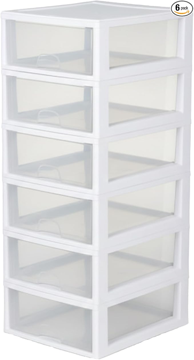 Sterilite 6-Pack 16 Quart Stacking Drawer, Clear Storage Closet Organizer, White Frame - Stackable Modular Plastic Drawers for Clothes, Accessories, Craft Supplies, Shoes or Linens