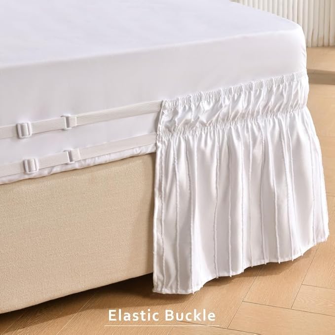 MIYE Striped Tufted Bed Skirt - Wrap Around Dust Ruffle with Elastic Belts - 15 Inch Drop Easy to Put On - Bedskirt Machine Washable ＆ Wrinkle Resistant(Striped/White, King/Queen-15 Drop)