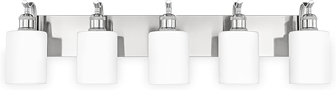 5 Light Bathroom Vanity Light, Brushed Nickel Vanity Lights for Morden Bathroom Lighting Fixtures Over Mirror Wall Light Fixtures with Milky White Frosted Shade ZCVL01BNW-5