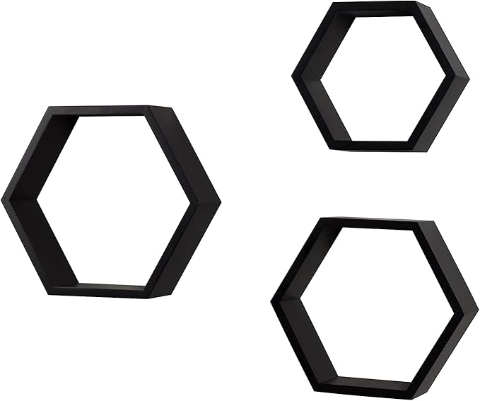 AHDECOR Wall Mounted Hexagon Floating Shelves, Wooden Wall Organizer Hanging Shelf for Home Decor, Set of 3, Black